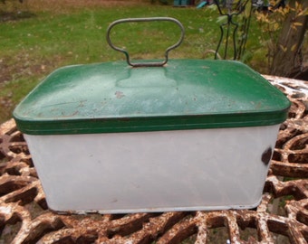 Antique German White & Green Enamel Bin Box Painted Top From GBN Gebrüder Bing Nuremberg Made in Germany Large Storage Bin 1800s 1900s