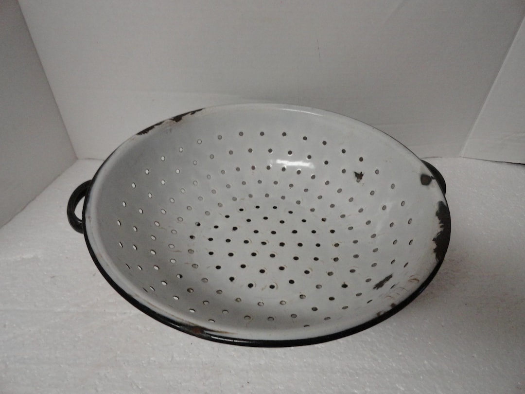 Vintage White & Black Enamel Colander Farmhouse Country Decor Kitchen