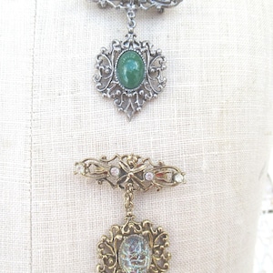 Vintage Filigree Dangling Pin Rhinestones Green Glass or Foil Glass Pin Movement Ladies Gift Women