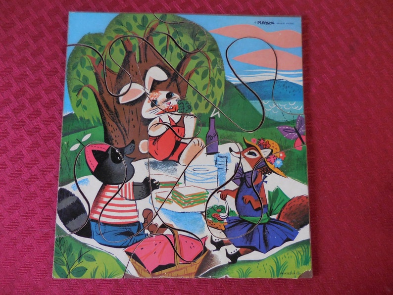 Vintage 1950s to 1960s Playskool Picture Puzzle Kids Children Animal Picnic Printed in USA Bunny RabbitFoxRaccoon 6 Large Pieces