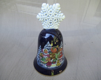 Vintage Avon Royal Blue Porcelain Christmas Bell 1987 Snowflake NOS Top Winter Scene 1980s Carolers Home Decor Collectible