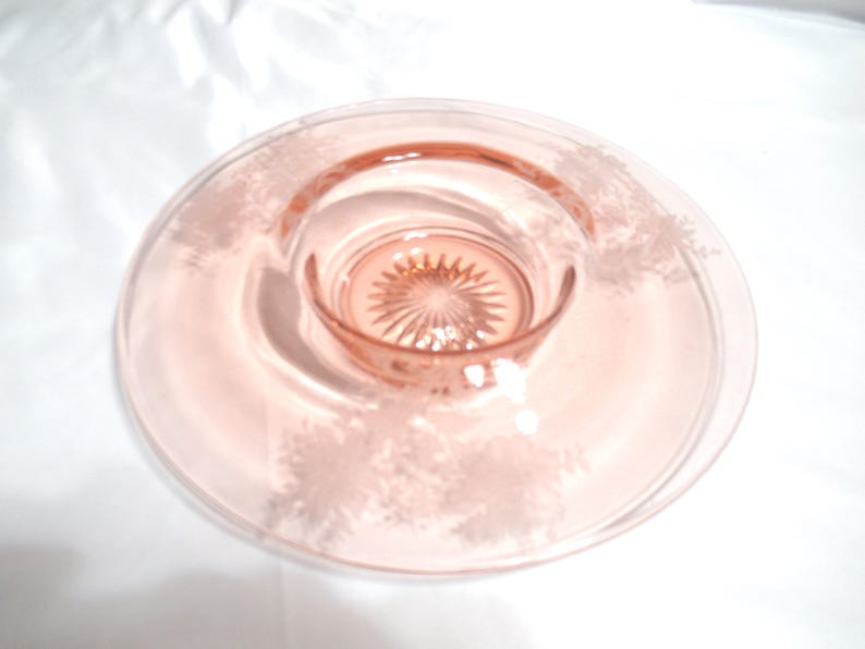 Vintage Pink Depression Glass Console Bowl with Etched Flowers, 1930s-40s image 7