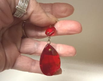 Vintage Red Chandelier Crystal, Teardrop, Smaller Crystal on Top