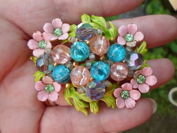 Vintage Women's Selini Enamel & Rhinestones Flowe… - image 1