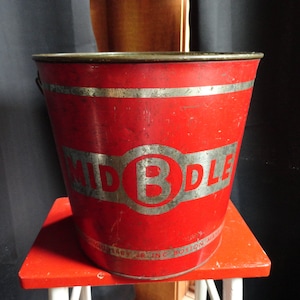Vintage Large Red Metal Food Pail, Bucket, Joseph Middleby, Wooden Handle, 1920s-50s Home Decor