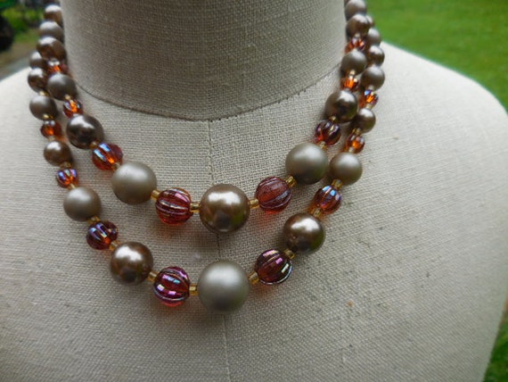 Vintage Women's Gray & Umber Brown Pearl Glass an… - image 1