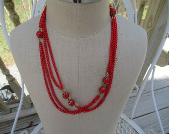 Vintage Women's Bright Red Enamel Necklace Double Chain Red Plastic Beads 1960s 1970s Long Metal Gold Tone Flapper Length