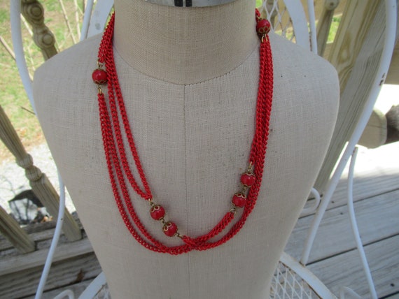 Vintage Women's Bright Red Enamel Necklace Double… - image 1