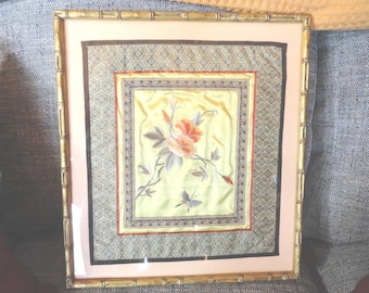 Vintage Chinese Embroidered Silk Panel Wall Hanging in Gilded Bamboo Look Wooden Frame