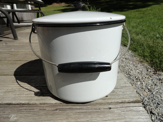 Vintage White Black Enamel Baby Bottle Sterilizing Pot Wood