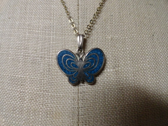 Vintage Girl's Inlay Chipped Turquoise Butterfly … - image 3