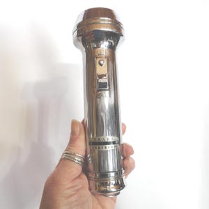 Vintage Sears Explorer Chrome Flashlight, Working Condition, Ring Hanger, Small, 2 D Batteries