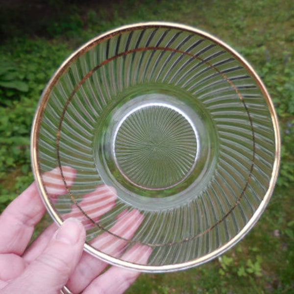 Vintage Clear Swirl Gold Trim Saucer Small Plate Retro Display Plant Holder 1950s 1960s