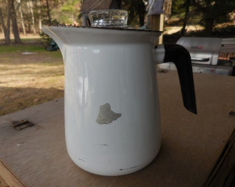 Vintage White & Black Enamel Coffee Pot Teapot Percolator Original 1950s 1960s Label Glass Small Camping No Inners Home Decor