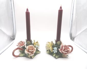 Vintage Capodimonte Mollica Floral Candle Holders, Made in Italy