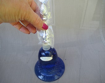 Vintage Women's Avon Hospitality Blue Glass Bell Roses Roses Cologne Perfume Silver Plastic Lid Bell Shaped 1970s Home Decor Decanter Retro