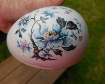 Vintage Limoges Blue & Pink Floral Porcelain Egg Shaped Covered Dish France Trinkets Jewelry Collectible Flowers Decor 1960s to 1980s French