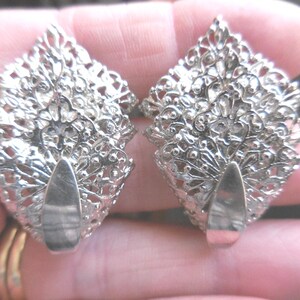 Vintage Filigree Silver Tone Earrings Clip on Long Non Pierced Shiny Retro 1960s 1970s