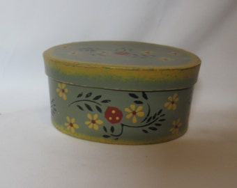 Vintage Small Light Blue Cardboard Covered Hand Painted Lidded Box Small Storage Home Decor Gold Flowers Country Home 1980s 1990s