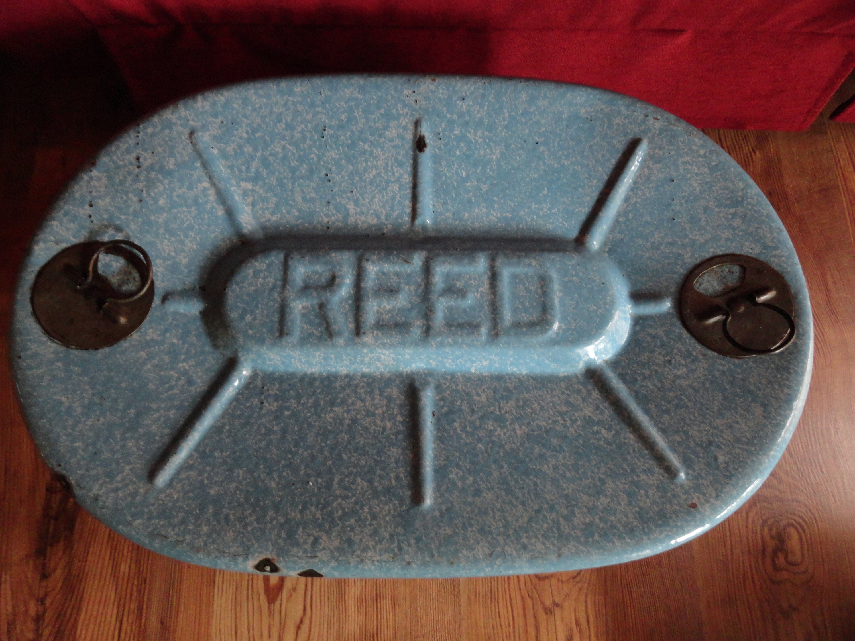 Vintage 1920s REED Large Light Blue/white Speckled Enamel Lidded Oven  Roasting Pan Oval Prop Kitchen Farmhouse/country Baking Vents Display 