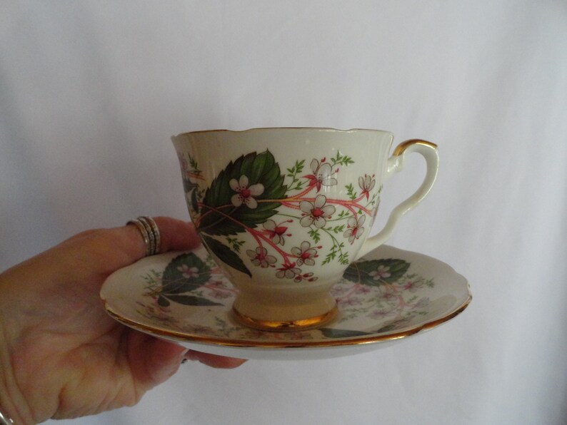 Vintage Royal Stafford Teacup & Saucer Set Bone China Made in England Light Pink Small Flowers Gold Trim Green Leaves Display image 5