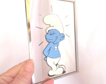 Vintage Smurf Mirror Wall Hanging, Small With Silver Metal Frame