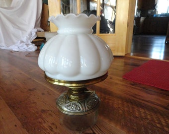 Antique Austrian Hurricane Lamp Gebruder Wien Brunner Oil or Kerosene Worn Gold Tone Metal Milk Glass Globe Clear Chimney 1800s to 1900s