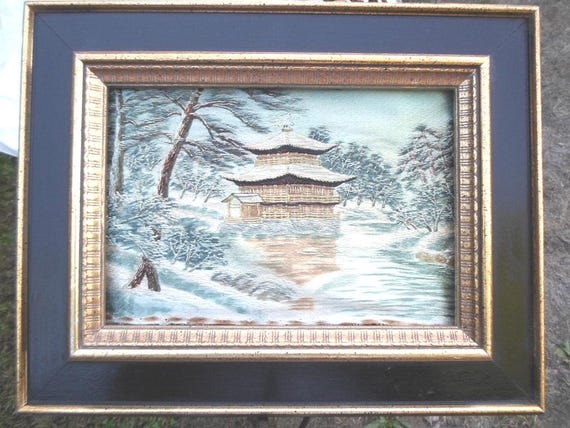 Vintage Embroidered Japanese Picture Art Pagoda Temple Scene