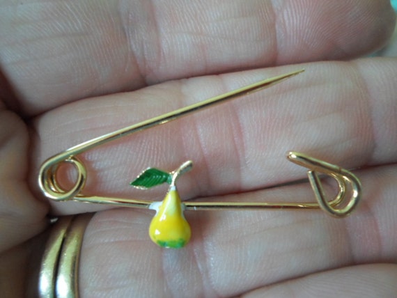 Vintage Girl's Pear Fruit Enamel Yellow & Green P… - image 1