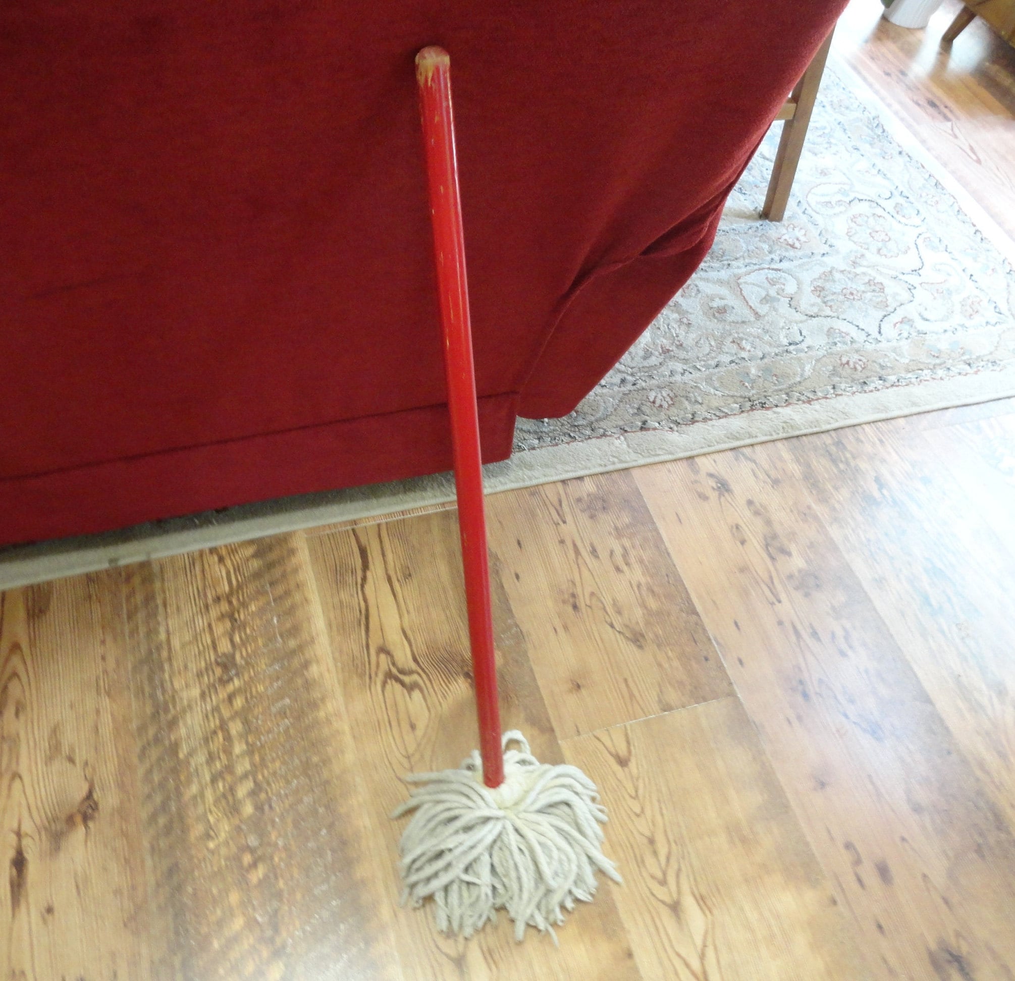 Vintage Child's Toy Floor Mop, Red Wood, White, Retro, Kid's Pretend Play, 1960s-70s