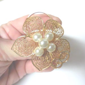 Vintage Filigree Flower Pin or Scarf Slide Gold Tone Pearl Center Ladies Gift Accessory Retro Dressy 1960s 1970s