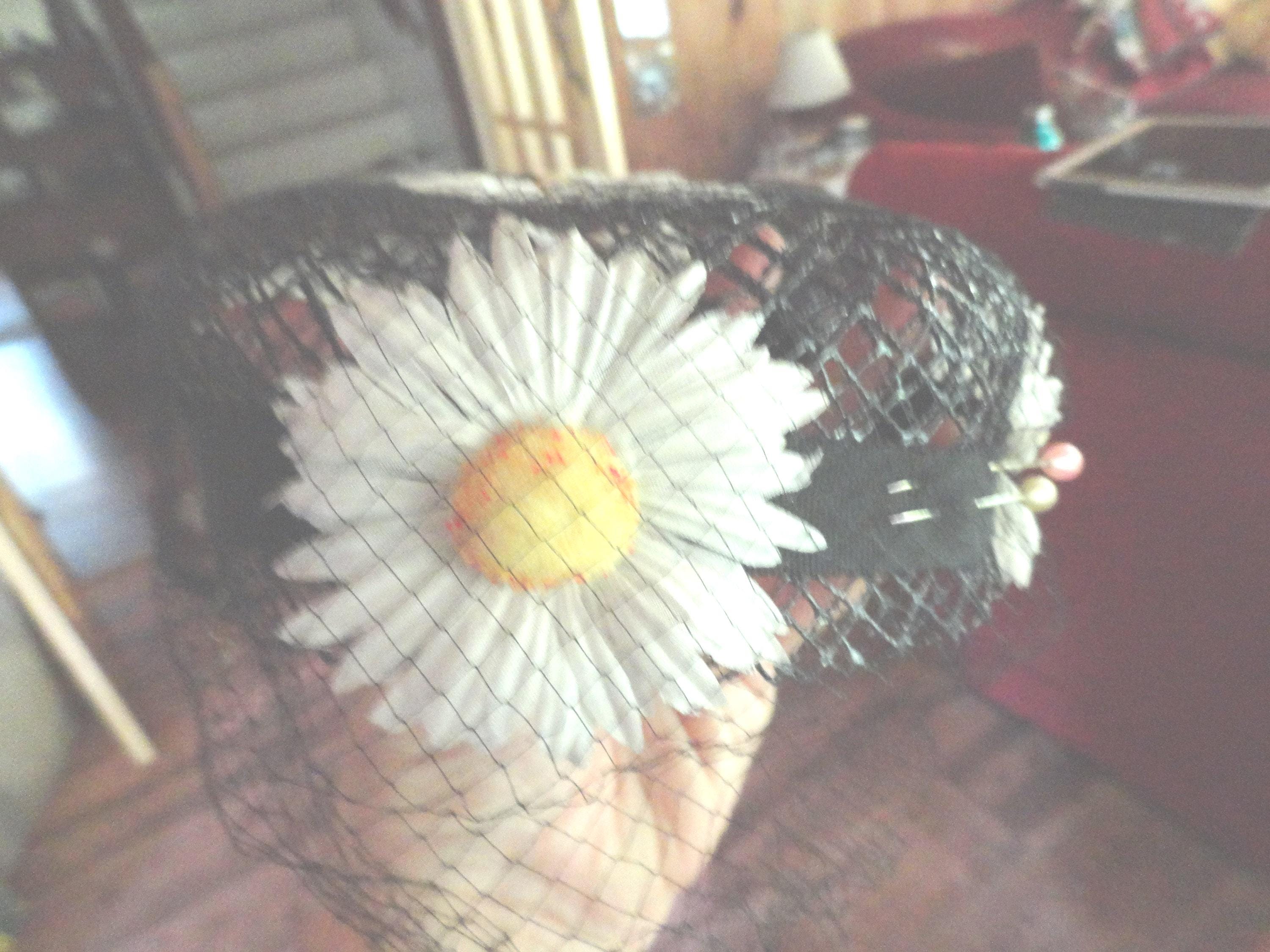 SALE Vintage Wide Brim Black Hat with Hidden White Daisy Swag Vintage Black Hat With White Daisy Flowers, Netting & 2  main image 2