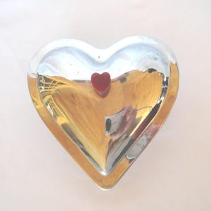 Vintage Art Deco Chrome Lidded Heart Glass Dish, Red Bakelite Knob
