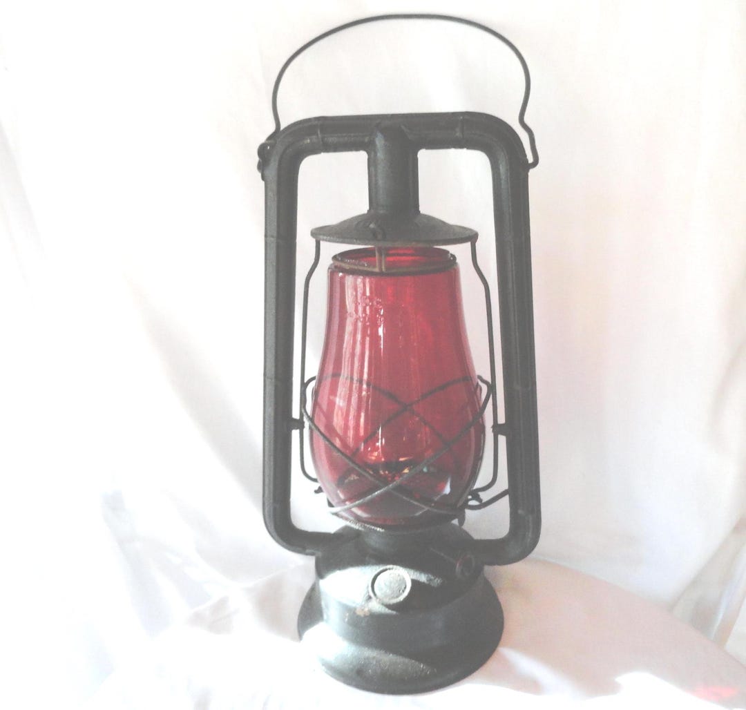 Antique Dietz Monarch Lantern, Red Glass, Rusty Black Metal