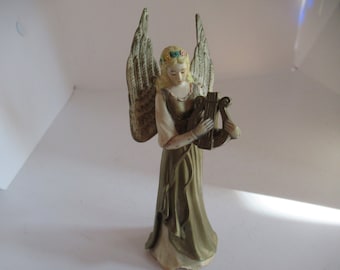 Vintage Enesco Designed Gift Ware Resin Gold Tone Angel Holding Harp 1970s 1980s Lire Flowers on Her Head Figurine Repurpose Reuse Recycle