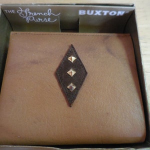 Cartera francesa Buxton para mujer, marrón y beige, de piel de vacuno de grano superior, plegable, con cierre de beso, NOS, regalo vintage para mujer y niña