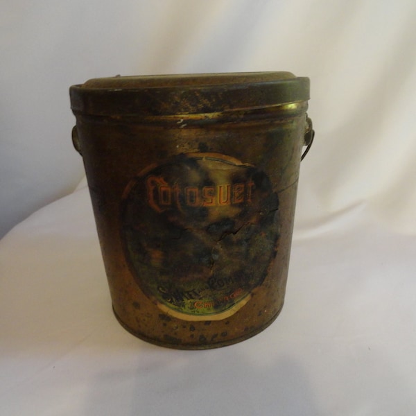 Vintage Cotosuet Swift & Company Lard Tin Pail Chicago Metal Bucket Rusty Handle Lidded Bucket Farmhouse/Country Repurpose 1920s to 1940s