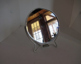 Vintage Double Sided Self Standing Small Mirror Silver Tone Metal 1950s to 1970s Magnifying Side Round Small Bathroom Display Wire Stand