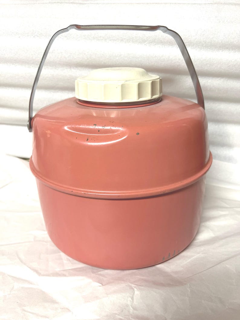 Vintage Pink Thermal 1 Gallon Jug Cooler, Liquid Metal, Porcelain & Plastic, Surface Rust, Dents image 4