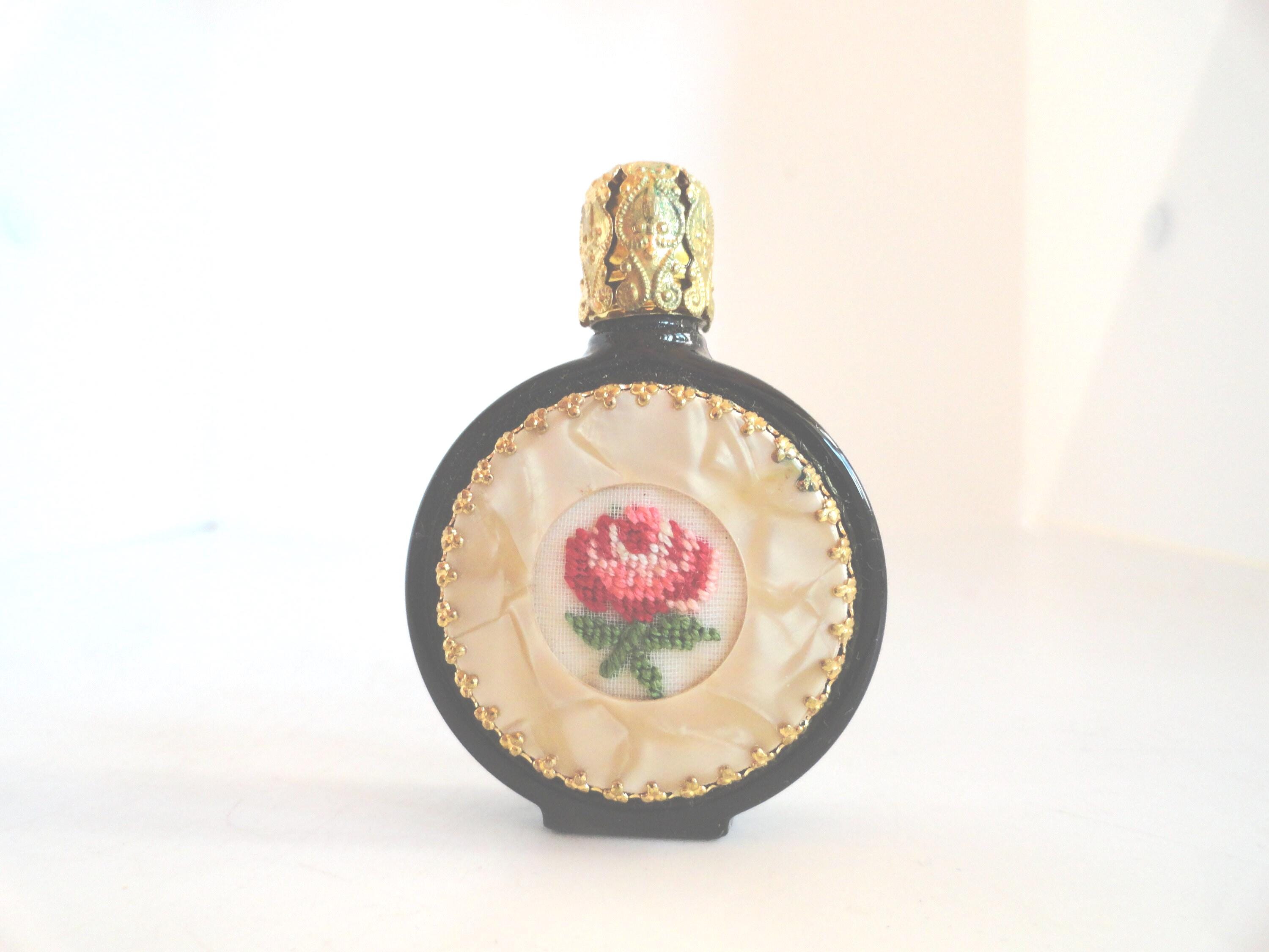 Vintage Mini Black Glass Perfume Bottle Austrian Needlepoint Pink