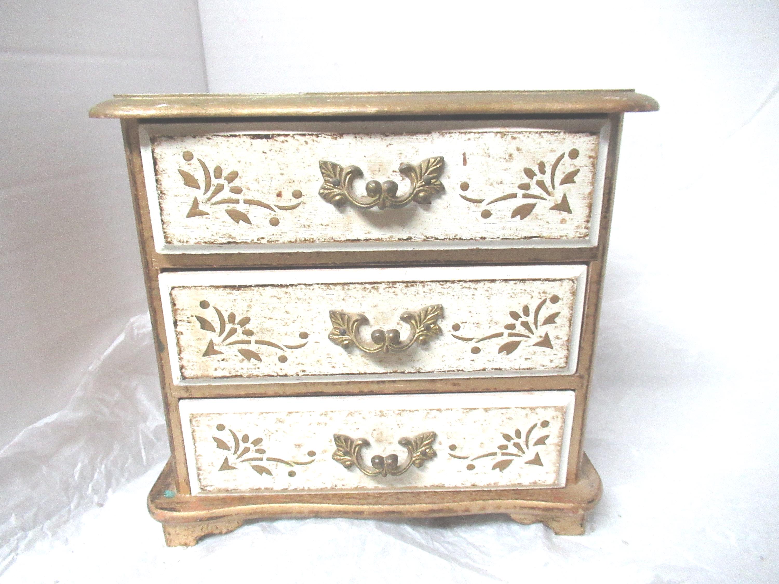 Vintage Florentine Style Wooden Jewelry Box, 4 Drawers, Japan