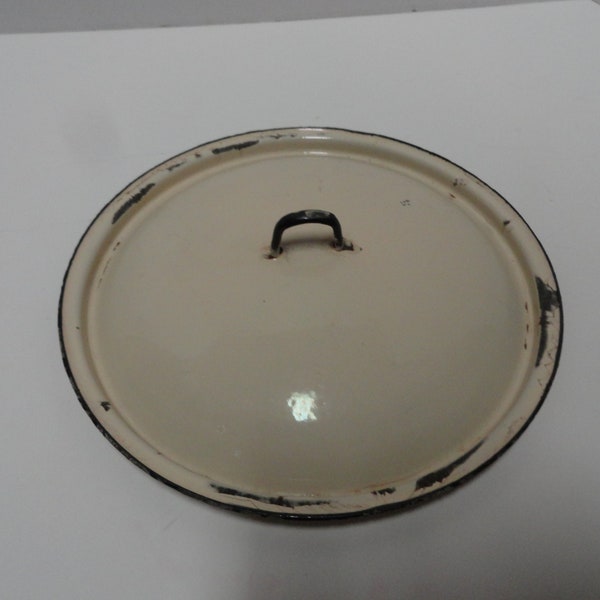 Vintage Beige & Black Enamel Metal Pan or Pot Cover Lid Retro Round Cooking Kitchen Replacement Reuse Recycle Farmhouse 1920s to 1950s