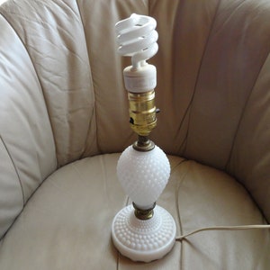 Vintage Milk Glass Hobnail Accent Lamp Bedroom 1950s to 1970s Light Living Room Lamp Metal Gold Tone Retro Home Decor Short