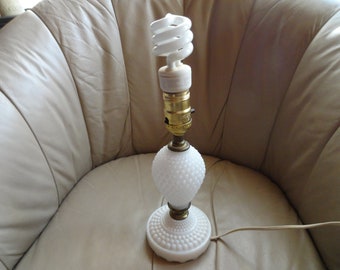Vintage Milk Glass Hobnail Accent Lamp Bedroom 1950s to 1970s Light Living Room Lamp Metal Gold Tone Retro Home Decor Short