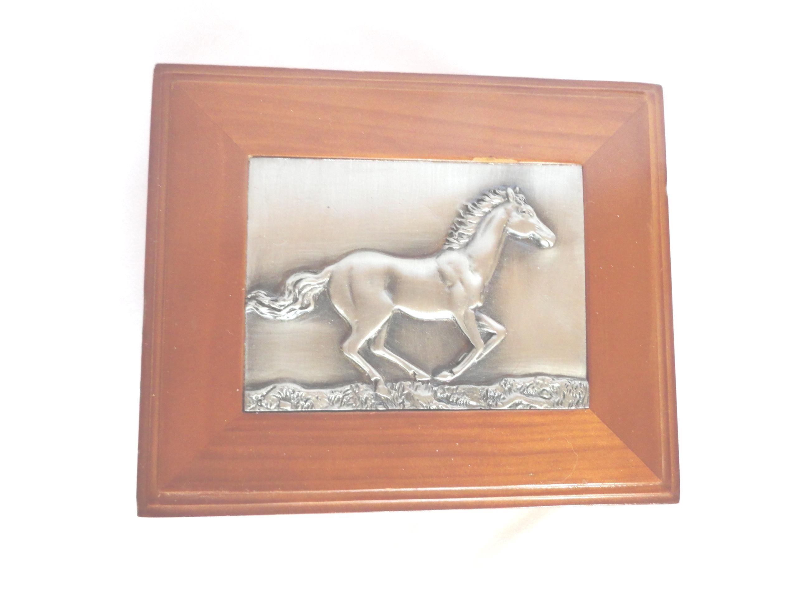 Vintage Wooden Box Horse Top Hinged Trinket Box Small Silver Metal
