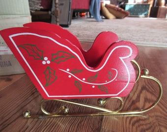 Vintage Small Red White & Green Wooden Sleigh Christmas Home Decor 1960s 1970s Winter Retro Centerpiece Gold Tone Metal Made in Taiwan NOS