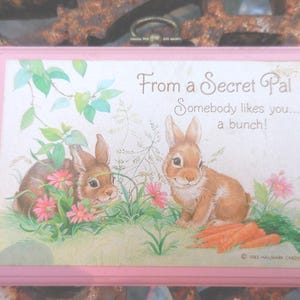 Vintage Small Hallmark Plaque Wall Hanging Pink Bunny Rabbits 1980s Saying From a Secret Pal &quot;Somebody Likes You a Bunch&quot; Retro