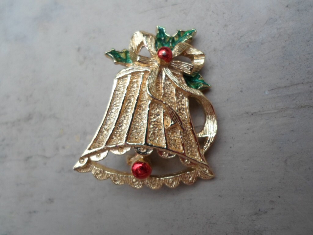 Vintage Gerry's Christmas Bell Pin Holiday Red Green & Gold