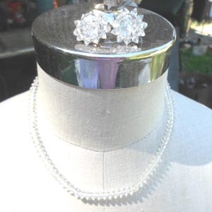 Vintage Crystal Necklace & Earrings Set Non Pierced Silver Tone Beaded Clip On Adjustable Bridal Wedding 1950s 1960s Clear