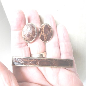 Vintage Brown Leather Cufflinks & Tie Clip Bar Set Oval Gold Tone Slide Set Suit Man&#39;s Accessories Dressy Groomsman Man&#39;s Gift